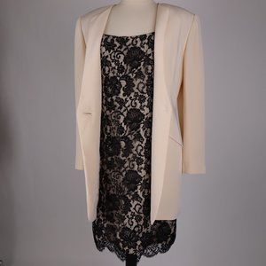 Vtg Bonwit Teller 80's Dress Blazer Suit Set Ivory Black Lace Party Cocktail S